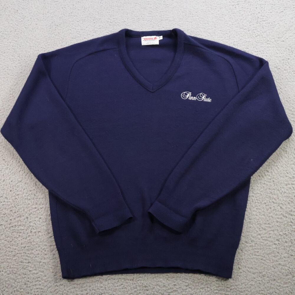 VINTAGE Penn State Sweater Mens Large Blue Wool Blend V Neck Wolf Pullover